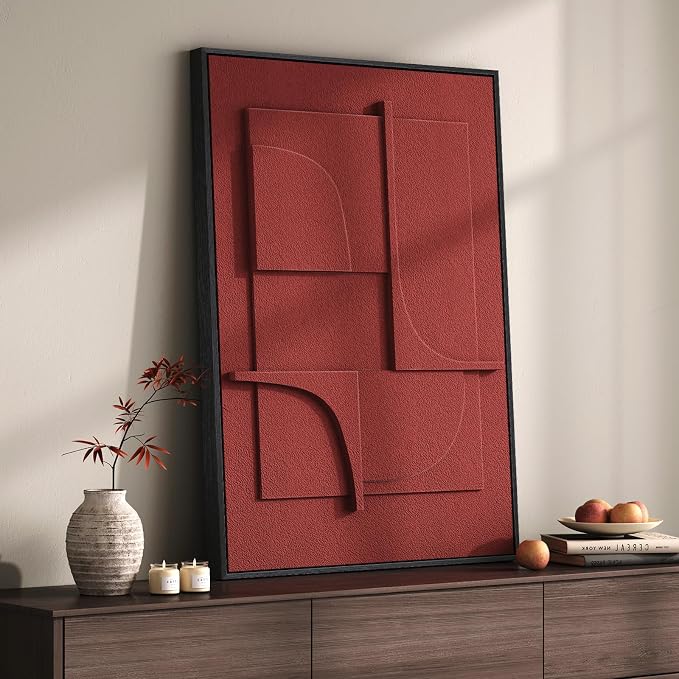 Framed 3D Abstract Wall Art, Modern Minimalist Geometric Textured Paintings Artwork for Walls, Red Terracotta Pictures for Living Room, Bedroom, Dining Room, Hallway Wall Decor 24x36 In