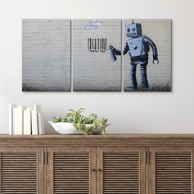 wall26 - Banksy Street Art Robot - Canvas Art Wall Art - 24"x36"x3 Panels