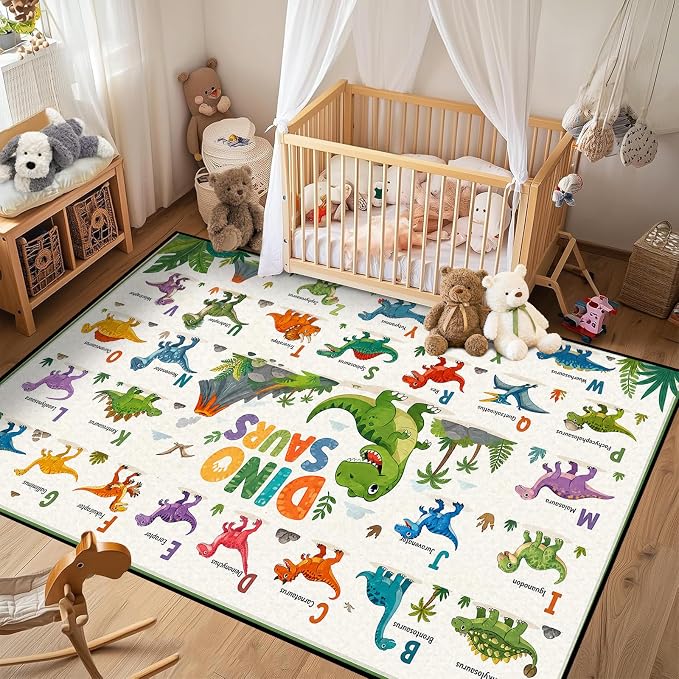 6'x9' Dinosaur Area Rug ABC Alphabet Educational Rugs for Bedroom Living Room Nursery Kitchen Playroom Home Decor Washable Cute Cartoon Dinosaur Floor Mat Carpet