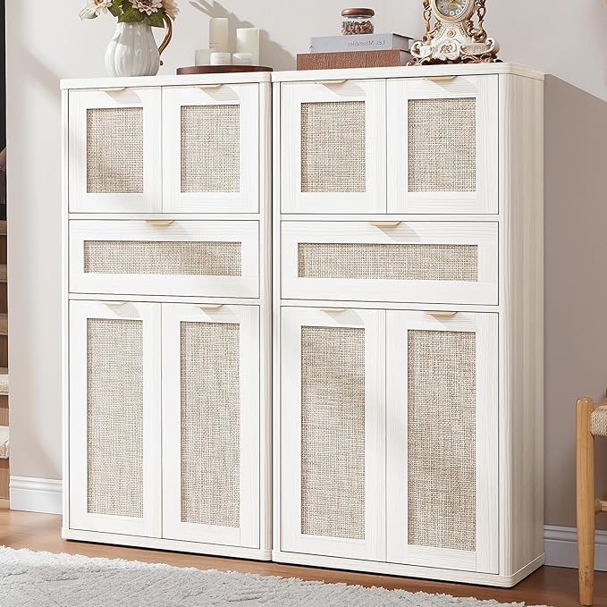 LEYAOYAO 48" Tall Storage Cabinet Set of 2,Rattan Bathroom Floor Cabinets with 2 Doors & 1Drawer,Boho Kitchen Pantry with Adjustable Shelves,Wooden Cupboard for Living Room,Home Office,White Cream Oak