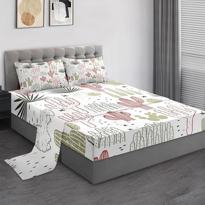 Pamnest King Size Bed Sheet Sets, Mexican Vintage Ivory Soft Microfiber 4 Pcs Bedding Sets for Kids and Adults Bedroom Bed Decor, Cactus Flower Floral Flat, Fitted Sheet and 2 Pillowcases