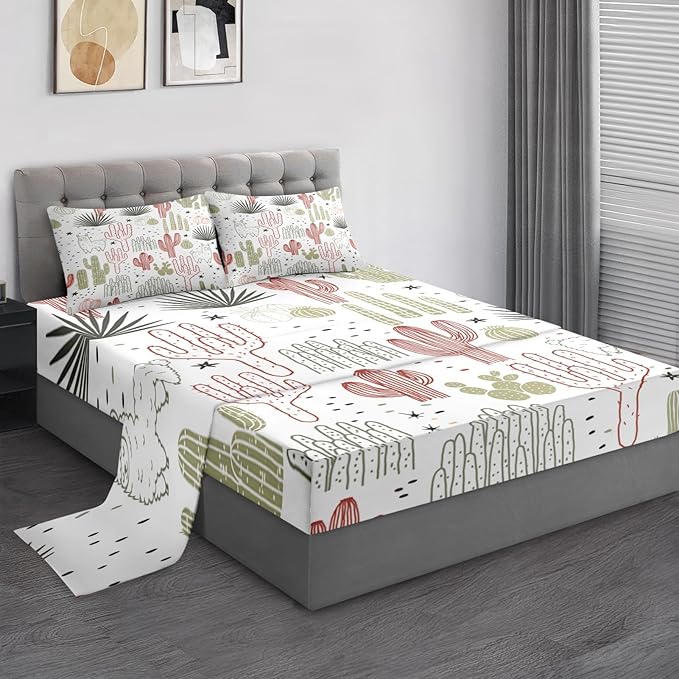 Pamnest Twin Size Bed Sheet Sets, Mexican Vintage Ivory Soft Microfiber 3 Pcs Bedding Sets for Kids and Adults Bedroom Bed Decor, Cactus Flower Floral Flat, Fitted Sheet and Pillowcases