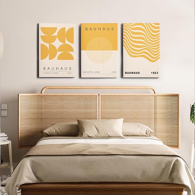 Geometric Line Wall Art Abstract Shape Prints Bauhaus 1923 Poster Beige and Yellow Wall Art Mid Century Modern Artwork Bauhaus Exhibition Poster Boho Modern Pictures for Home 16x24inch Wood Framed