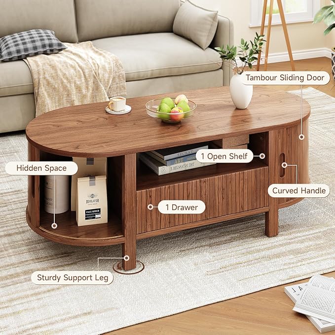 ONBRILL 47.2 Inch Oval Coffee Table with Storage, Mid Century Modern Coffee Table with Drawer, Center Table with Sliding Door and Wood Fluted Handle for Living Room, Walnut