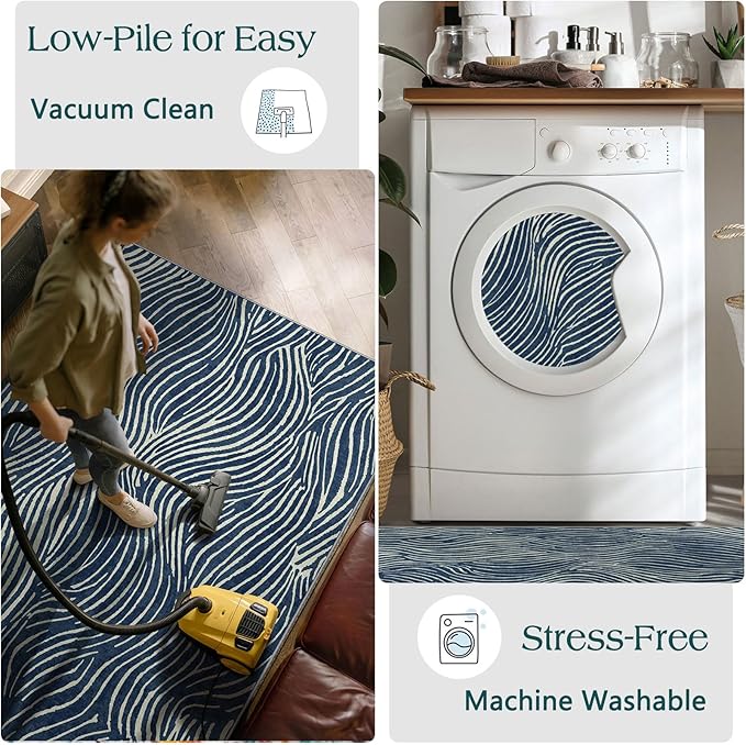 3x5 Modern Entry Rug - Small Washable Indoor Outdoor Mats for Front Door Non-Slip Porch Rug Blue White Ocean Wave Striped Throw Rugs for Living Room Bedroom Entryway Kitchen Office Porch Decor
