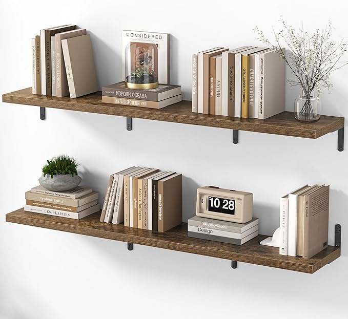 Marsmiles Extra Wide Floating Shelves for Wall, 48x8 Inch Natural Wood Grain Bookshelves, Heavy Duty Mounted Shelving for Bathroom, Kitchen, Living Room, Bedroom,Set of 2，Rustic Brown
