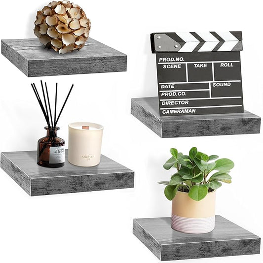 Sorbus 9X9 Inch Floating Shelves for Wall – Square Floating Shelf with Invisible Mounting Bracket for Kitchen, Bedroom, Living Room & Bathroom Decor – Rustic Showcase Wall Shelf (Grey, 4 Pack)