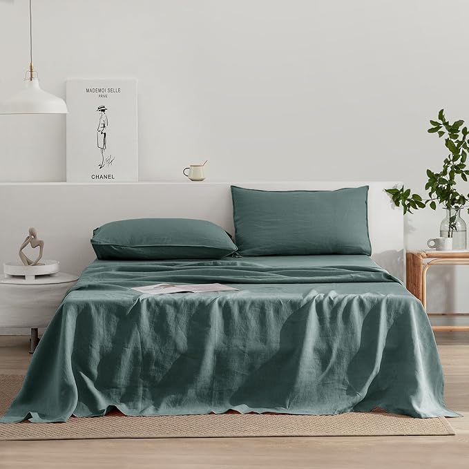 EVERLY Linen Sheets Queen Size,100% Stonewashed Pure French Linen16Inch Deep Pocket Sheets,4Pieces (1Flat Sheet,1Fitted Sheet,2Pillowcase) Natural Flax Soft and Breathable for Hot Sleepers-Aqua