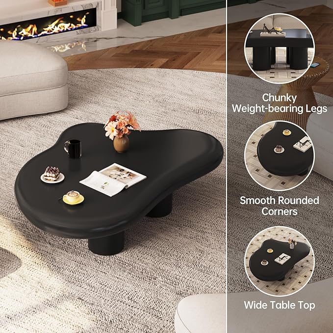 35.82" Black Cloud Coffee Table, Modern Round Edge Coffee Table with 4 Sturdy Support Legs and 2.67" Thick Tabletop,Easy Match for Living Room, Bedroom, Balcony,Patio