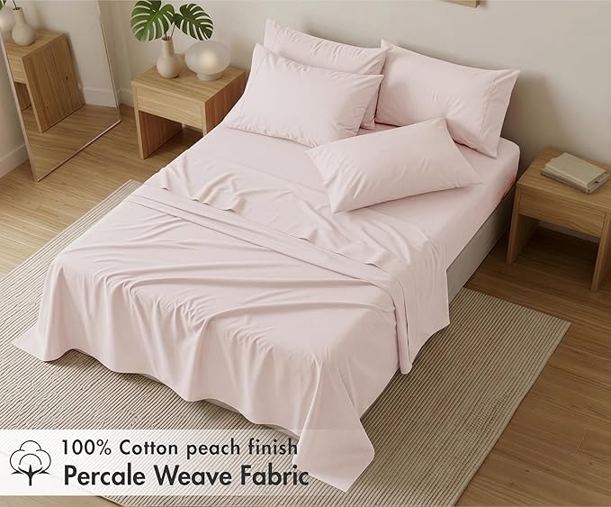 RUVANTI 100% Cotton Percale Sheets Queen Size 6 Piece Set, Cooling Bed Sheets for Hot Sleepers, Deep Pocket 16”, Breathable Lightweight & Durable, Crisp Hotel Style Sheets, Blush Pink