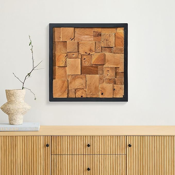 Warmaxx Rustic Teak Wood Framed Wall Decor Aesthetic 17''x17 Farmhouse Geometric Block Wall Art Christmas Decoration Home Living Room Bedroom Office Handmade Square Wooden Slatted Collage