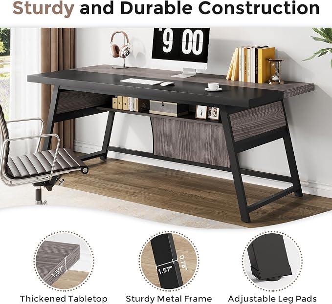63-inch Executive Desk with Storage Shelf, Large Home Office Desk with Metal Frame & LED Light, Long Computer Desks for Home Office, Gray and Black