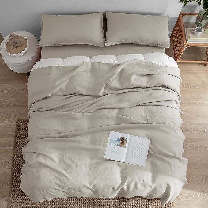 EVERLY Linen Sheets Set California King Size,100% French Stonewash Linen Sheets Set,4Pieces (1Flat Sheet,1Fitted Sheet,2Pillowcase) Suitable for Hot Sleepers,Deep Pocket Natural Bedding Set