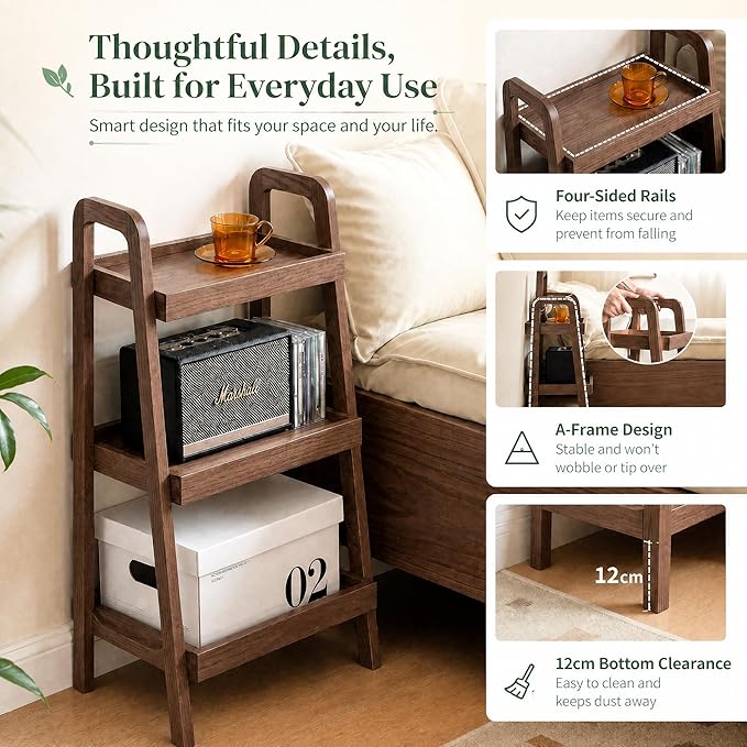 100% Solid Oak 3 Tier Ladder Shelf, Small Bookshelf, Ladder Bookshelf, Bookcase with Stable Frame, Small Table for Living Room Bedroom(Walnut, 12.6" L x 17.72" W x 31.5" H)