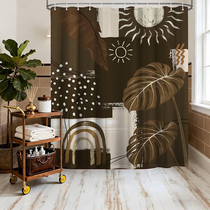 Dark Brown Mid Century Modern Shower Curtain Boho Abstract Khaki Earth Tone Shower Curtains for Bathroom Decor Sets, Waterproof Cloth Fabric with Hooks, 70 x 96 Inch