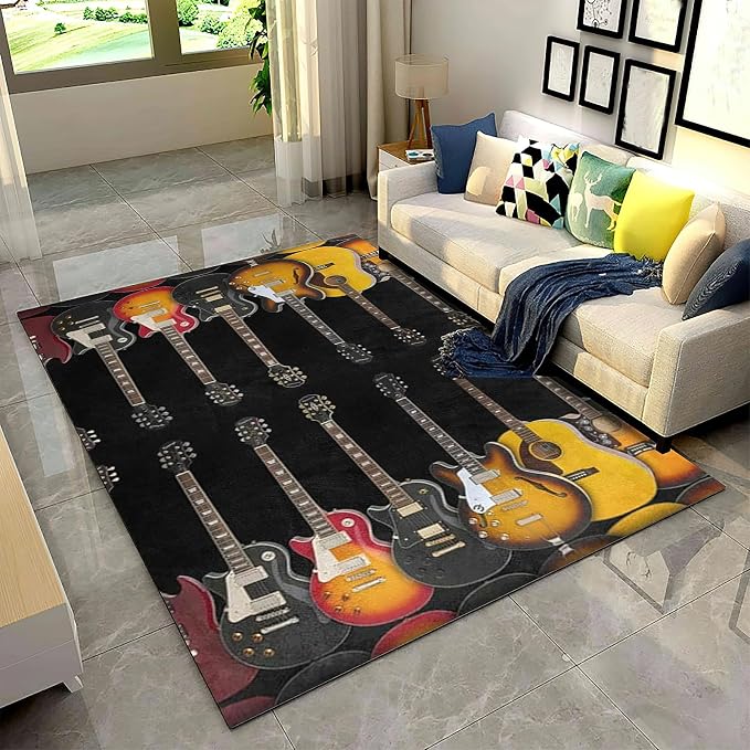 Vintage Guitar Black Area Rug, Guitar Music Lover Non Slip Living Room Rugs, Breathable Durable Carpet for Indoor Bedroom Conference Room Office Decor Rug - 6 ft x 9 ft