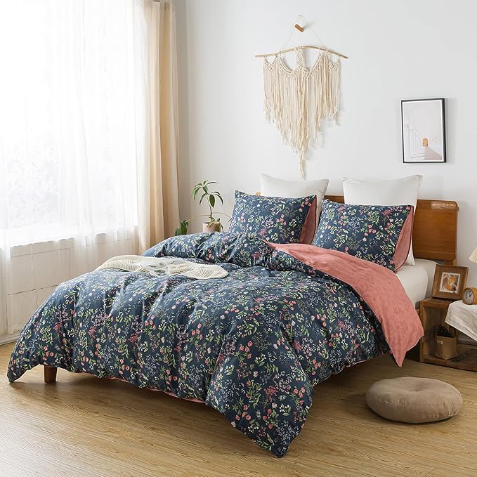 HoneiLife King Duvet Cover Set - 100% Cotton Comforter Cover Floral Duvet Cover Sets,Soft & Breathable Duvet Cover with Zipper Closure and Corner Ties,3pcs Wildflower Comforter Cover Sets- Flower Sea