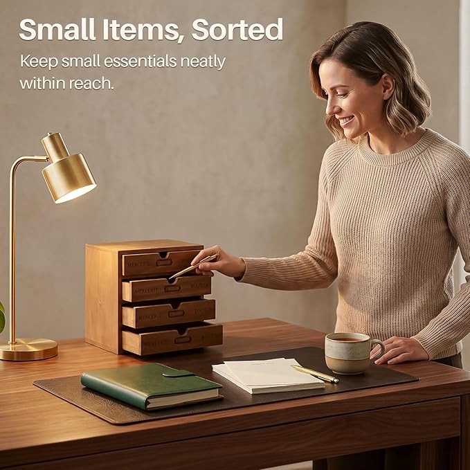Flexzion Wood Desktop Organizer with Drawers, Desktop Storage Drawers Wood Cabinet, 4-Drawer Wooden Card Catalog Cabinet for Office, Crafts, Jewelry, Stationery, Vintage Brown
