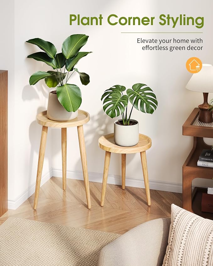 Plant Stand Indoor 2 Pack, Wood Mid Century Indoor Plant Stand, Tall Plant Stands for Flower Pot, Round Plant Table Side End Table With Raised Design, Natural, 11.7"x18.8" & 11.7"x13"