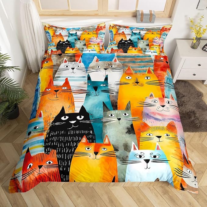 Erosebridal Trendy Cats Comforter Cover Full Cute Pets Cat Bedding Set Abstract Cat Animals Duvet Cover for Kids Girls Boys Adults Oil Painting Strokes Brush Bed Set