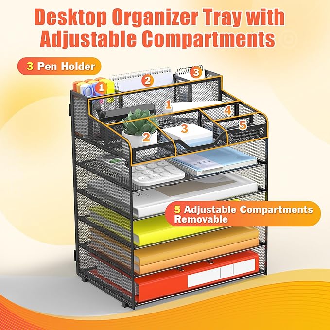 Docnest 6 Tier Mesh Desk Organizer for Paper Office Supplies – Multi-Functional Letter Tray with 5 Adjustable Compartments, 3 Pen Holders, Desktop Storage for Files, Mail, Stationery – Black
