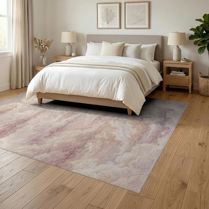 6'x9' Washable Flatwoven Rug, Blush Pink Cottagecore Abstract Stain Resistant Large Carpet for Dining Room, Under Table, Office, Non-Slip Chair-Friendly Floor Mat | Ref:2208254
