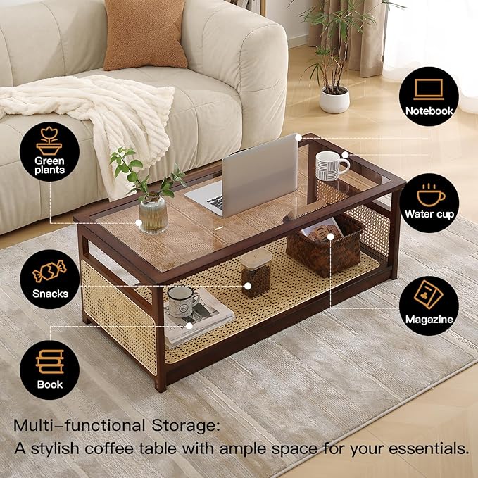 Welnow Rattan Coffee Table for Living Room, Modern 2-Tier Rectangle Center Table with Storage Shelf and Glass Top, Mid-Century Boho Furniture for Apartment, 47.5" Walnut
