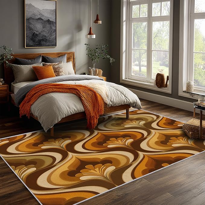 Retro 70s Area Rug 4x5, Mid Century Floral Geometric Rug, Burnt Orange Brown Vintage Carpet for Living Room Bedroom, Non-Slip Washable Area Rug