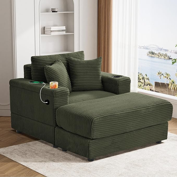Oversized Chaise Lounge Chair Indoor with Adjustable Backrest, USB, Cup Holder & Ottoman, Firm Solid Wood Frame with Long Service Life Corduroy Oversized Lounge Reading Chair for Study Room - Green