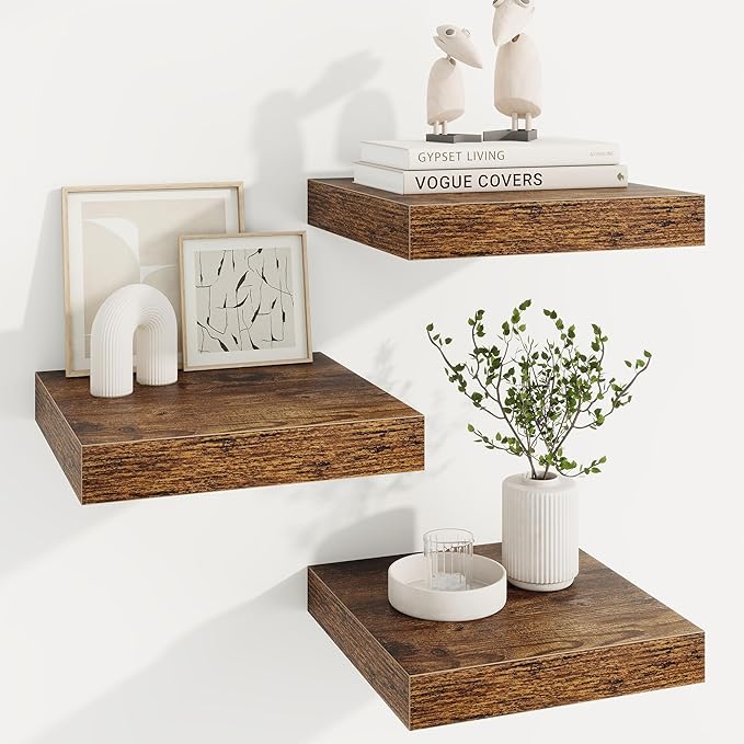 Square Floating Shelves for Wall, 12"W x 12"D x 1.5"H, 3 Pack Small Wall Mounted Engineered Wood Shelves with Invisible Brackets for Living Room, Bedroom, Bathroom, Kitchen Decor, Rustic Brown