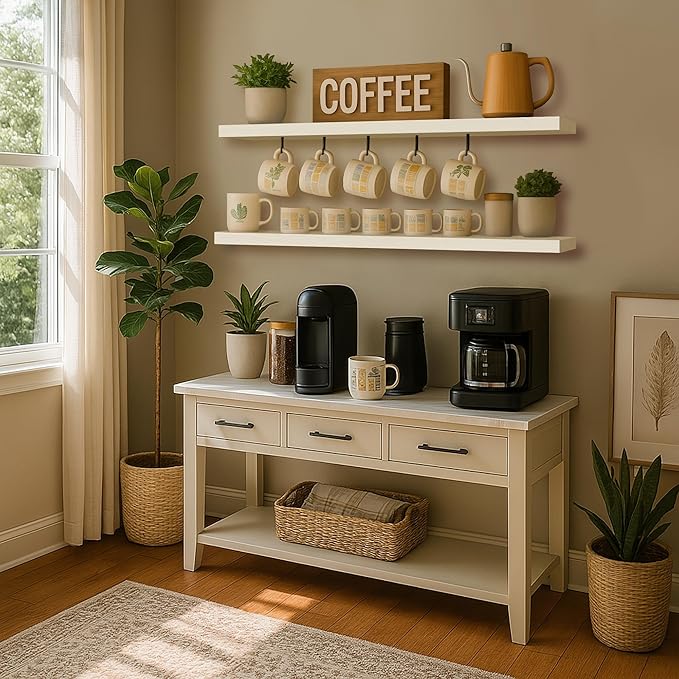 BGMG Wood Floating Shelves for Wall 60 inch Set of 2,White Floating Shelves,Solid Wood Wall Mount Shelves for Bathroom Living Room Bedroom Kitchen Farmhouse -60x6.7x1.75 inch