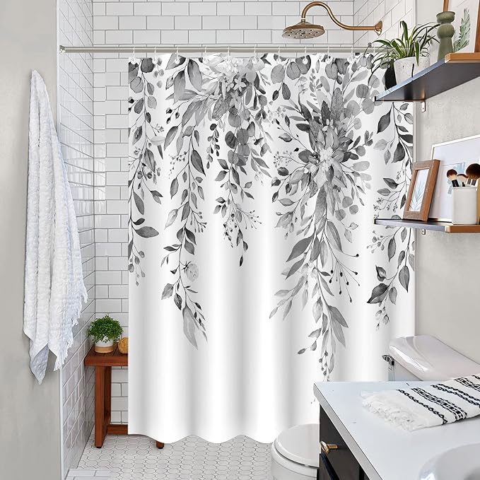 84 Inch Extra Long Gray and White Eucalyptus Shower Curtain Watercolor Grey Floral Plant Leaf Shower Curtains for Bathroom Flower Waterproof Fabric Bath Curtain with Hooks (Black, 72'' x 84'')