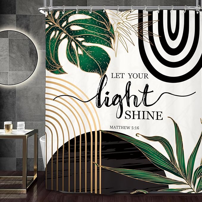 Miyotaa Abstract Emerald Green Minimalist Shower Curtain Set 60Wx71H Inches Minimalist Bible Mid Century Aesthetic Modern Inspirational Plant Leaves Waterproof Bathroom Curtain with 12 Hooks