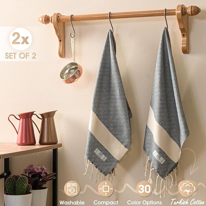 Hand Towels - Set of 2 | 18" x 30" - Decorative Turkish Hand Towel for Bathroom, Kitchen, Guest, Face, Hair, Tea, Dishcloth (Diamond, Blue)