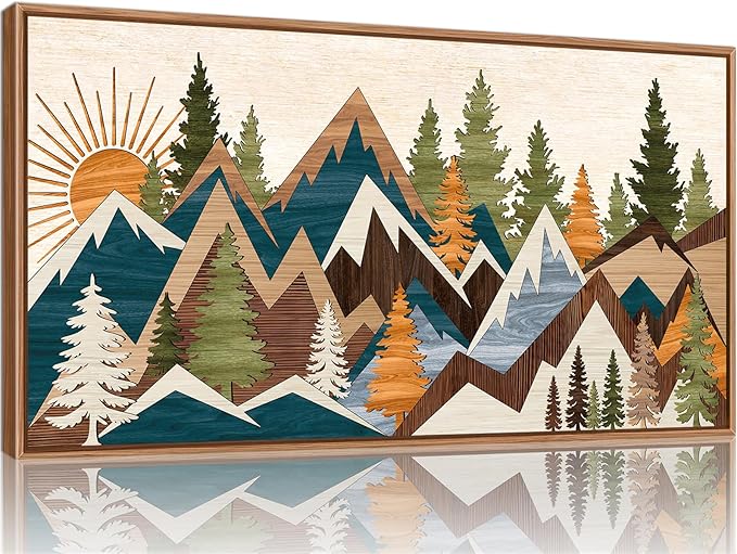 Tinonedraw Large Mountain Framed Canvas Wall Art, Boho Rustic Sunrise Forest Wall Decor, Vintage Woodsy Nature Art Painting, Modern Wilderness Trees Art Print for Living Room Bedroom Office 20"x40"