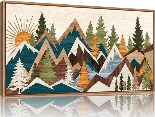 Tinonedraw Large Mountain Framed Canvas Wall Art, Boho Rustic Sunrise Forest Wall Decor, Vintage Woodsy Nature Art Painting, Modern Wilderness Trees Art Print for Living Room Bedroom Office 20"x40"