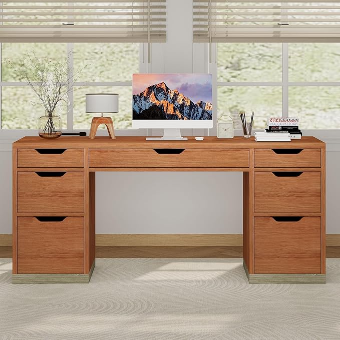 MaverickFurni 54 Inch Executive Desk with Drawers, Computer Desk with 7 Drawers for Bedroom, Office Desk with File Cabinet for Work Study Writing, Small Spaces, Brown
