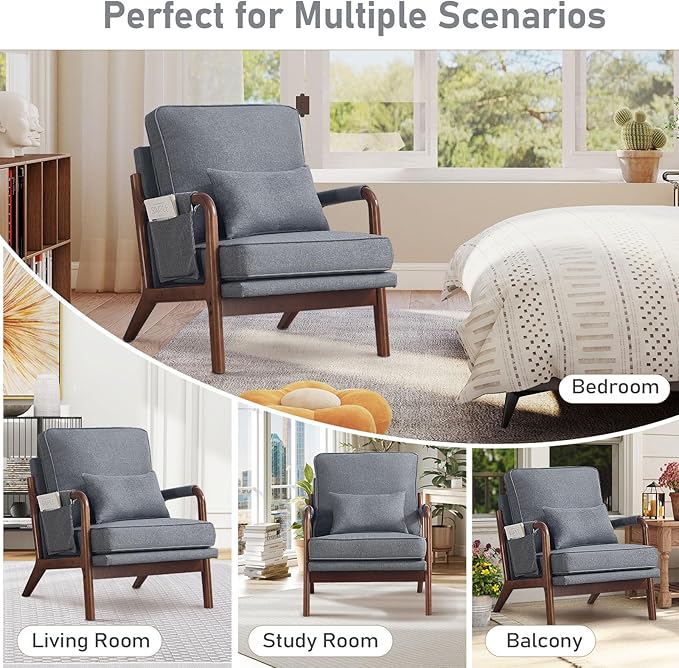 ANJ Mid Century Modern Accent Chair Set of 2, Lounge Reading Armchair with Extra Side Pocket & Detachable Cushion, Comfy Fabric Accent Chairs for Living Room, Bedroom, Grey