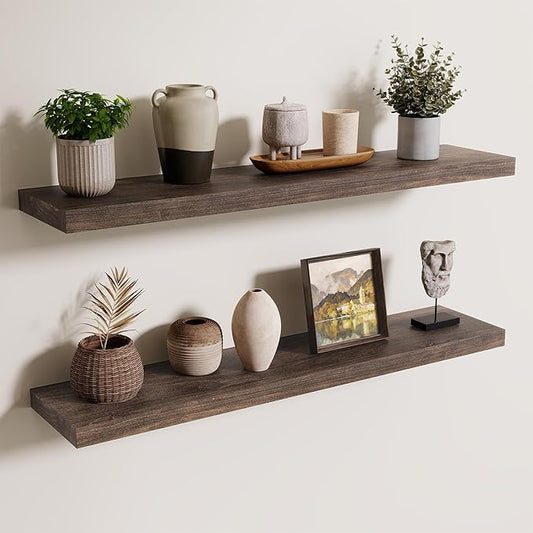Axeman Floating Shelves for Wall, 8 Inch Deep Rustic Solid Elm Wood Wall Shelves for Storage, Wall Mounted Display Shelving with Invisible Heavy-Duty Metal Bracket, 36'' Width Set of 2, Walnut