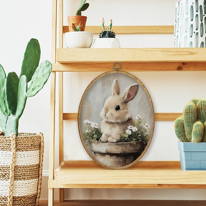 CGBHW Vintage Floral Easter Bunny Oval Wall Art Decor, Rustic Easter Canvas Prints Framed, Cottagecore Flower Rabbit Wall Art Hanging Decor for ome Bedroom Home Kitchen Living Room, 8.6x11.4 Inch