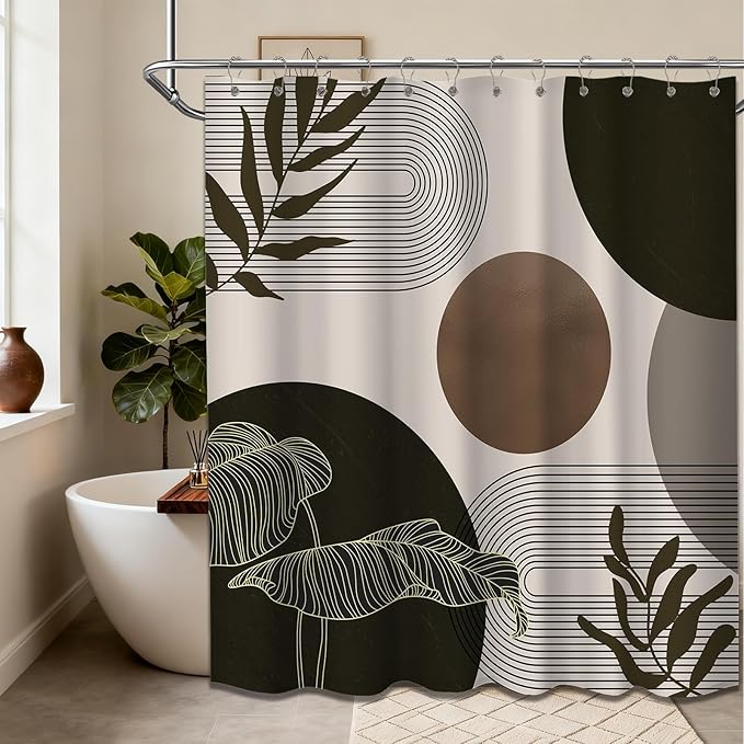 Brown and Beige Shower Curtain Light Brown Tan Taupe Boho Mid Century Modern Shower Curtains for Bathroom Decor MCM Mens Cool Bath Curtain Set, Waterproof Fabric with Hooks 70 x 72 Inch