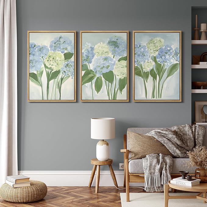 MUDECOR Framed Wall Art Print Set Blue Hydrangea Floral Botanical with Green Leaves Illustrations Modern Art Boho Decorative Colorful Chic for Living Room, Bedroom, Office - 16"x24"x3 Natural