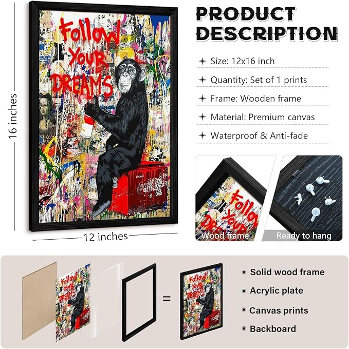 Banksy Canvas Wall Art Monkey Follow Your Dreams Street Graffiti Wall Art Banksy Prints Gorilla Poster Monkey Artwork Graffiti Pictures Painting for Home Living Room Decor 12x16 Inch Black Framed
