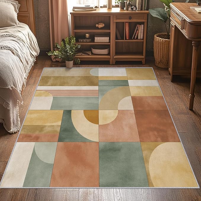 4x4 Mid Century Modern Rugs for Bedroom Decor, Washable Abstract Geometric Pattern Area Rug, Living Room Home Decoration, Non Slip Soft Thin, Mid Century Decor Carpet PF-P 117