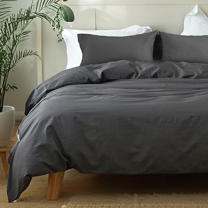 FALUCA French Linen Blend Duvet Cover Set 3Pcs King (104"x92") - Soft, Breathable, Cooling Farmhouse Bedding for Hot Sleeper (King, Dark Grey)