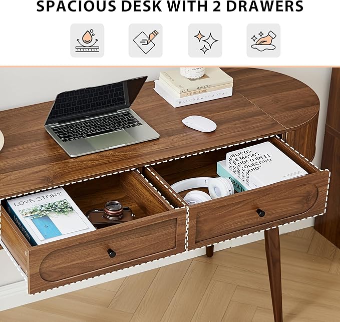 Mid-Century 59" Wood Writing Desk, Home Office Computer Laptop Desk with 2 Flip Storage Space + 2 Drawer, 150 CM Elegant Fluted Vanity Table Multifunctional Study Desk for Office, Bedroom (Wlanut)