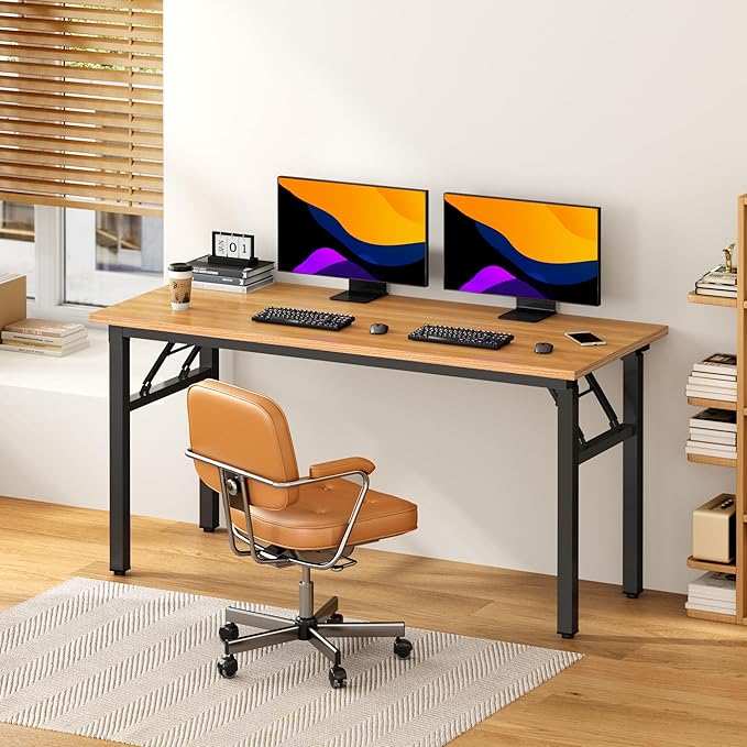DlandHome Computer Desk, 59.8Inch Office Desk Computer Table, Study Writing Study Desk for Home Office, Teak and Black