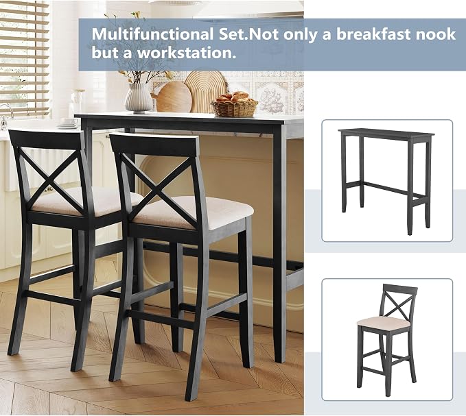 VilroCaz Farmhouse 3-Piece Counter Height Wood Kitchen Dining Sets, Home Bar Pub Kitchen Breakfast Set, 48'' Long Bar Table with 2 Upholstery Chairs for Small Places (Gray-I)
