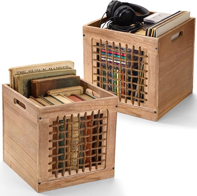 Geelin 2 Pack Stackable Wood Storage Bins with Handles 11 Inch 22l Cube Vinyl Record Storage Box Decorative Vintage Farmhouse Wood Rope Crate Basket Containers Organizing Bins for Toy Books Office