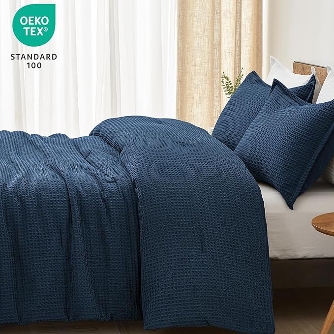 PHF Ultra Soft Waffle Weave Comforter Set King Size, 3 Pieces Lightweight Breathable Comfy Bedding Set, Comfy Textured 1 Comforter with 2 Pillow Shams, Navy Blue